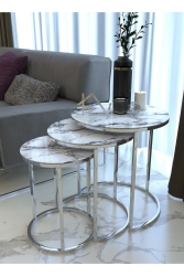 Marble Pattern Silver Metal Nesting Table Unbreakable Tempered Glass 489787845454 - HAUSEV
