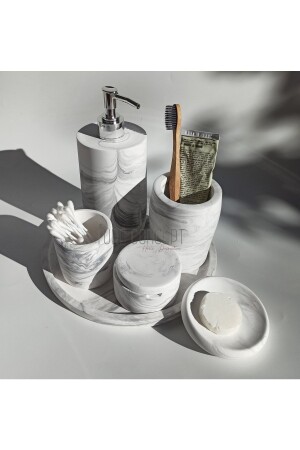 Marble Patterned Matte Liquid Soap Dispenser & Tray & Solid Soap Dispenser & Cotton Dish & Earloop Holder TR170 - Ture Concept