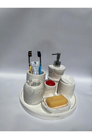 Marble Patterned Multiple Bathroom Set Liquid Soap Dispenser, Ear Stick Holder, Tooth Brush Holder, Cotton Dispenser, Solid Soap Dispenser BS019 - MRY DEKOR