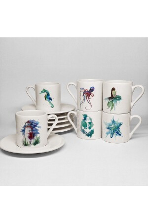 Marine Themed Printed Porcelain Set of 6 Turkish Coffee Cups KFT605KF - UADAC