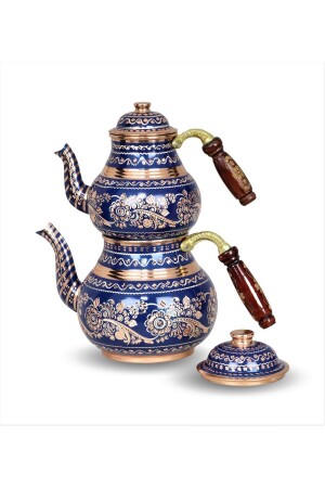 Marineblaue Teekanne aus Kupfer mit Keramikfarbe und Rosenblüten-Beschichtung 1477 - Sonay Bakırcılık