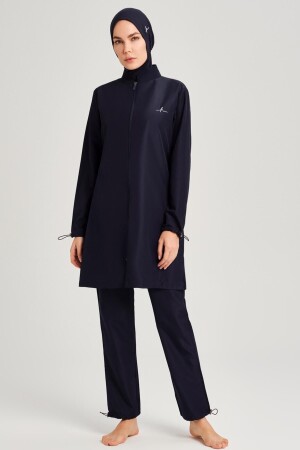 Marineblaues, gewebtes 5-teiliges Hijab-Badeanzug-Set - Haşema