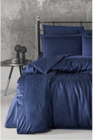Marineblaues Satin-Bettbezug-Set, Hotel- und Heimtyp für Doppelbetten, 2 Kissenbezüge und Laken, ohne Gummizug, GESTREIFTES SATIN-Bettbezug-Set - Deneme Zamanı