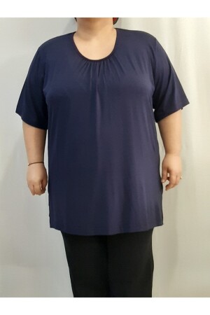 Marineblaues T-Shirt aus gekämmter Baumwollviskose mit gerafftem Kragen - Mertcan Butik