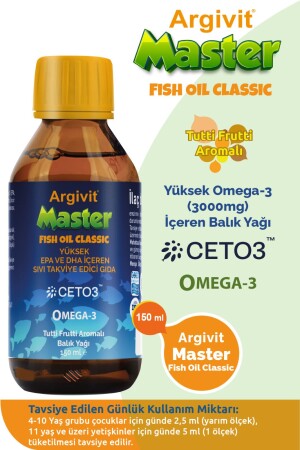 Master Fish Oil Fischöl mit hohem Omega-3-Gehalt (3000 mg), 150 ml – mit Tutti-Frutti-Geschmack - Argivit