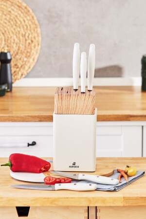 Mastercut Cream 6 Piece Knife Set with Stand - Karaca