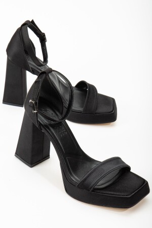 Matilda Black Satin Platform Open Toe Thick Heeled Shoes - Hayalimdeki Ayakkabı