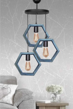 Mavi Boyalı Ahşap 3 Lü Hexagon Avize 080 - Zuhal Aydınlatma