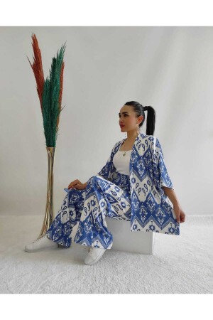 Mavi Renk Moda Desenli Ikili Kimono Takım ( Rahat Kalıp ) - İpli