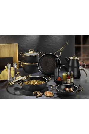 Maya 11 Piece Granite Patterned Cookware Set Gold Handle Black maya11pcs - Lines