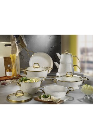 Maya 11 Piece Granite Patterned Cookware Set Gold Handle White maya11pcs - Lines