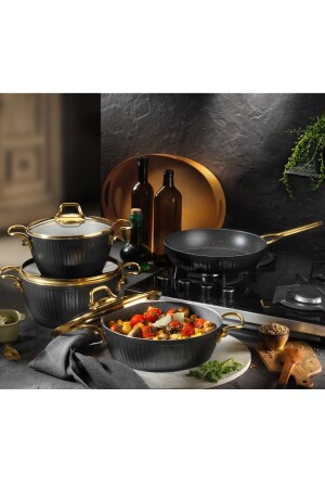 Maya 7 Piece Granite Patterned Cookware Set Gold Handle Black - Lines