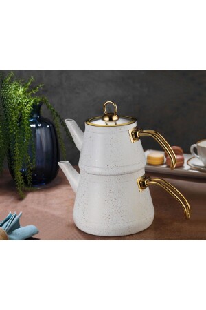 Maya-Granit-Teekanne mit goldenem Griff – weiße Teekanne 1 Liter – Wasserschale 2 Liter Maya-Teekanne - Lines
