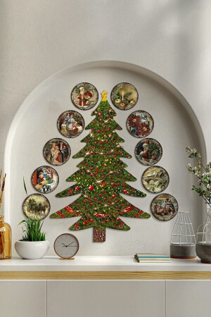 MDF Pine Tree New Year Set Frameless Round Cut 11 Piece New Year Set MDF Painting Printing 12x12 - Özcanlar Çerçeve
