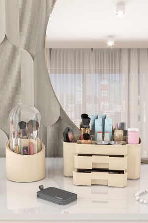 Mega Makeup Cosmetics and Brush Holder Organizer Set of 2 Cream SIERRA DELUXE CREAM - DOVİ HOME