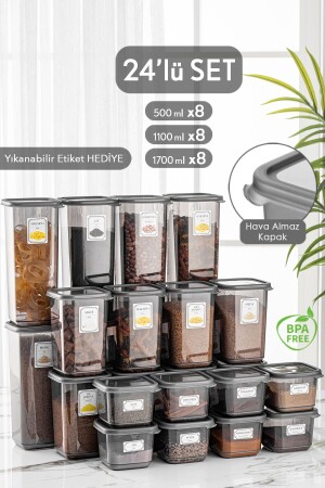 Mega Set of 24 Pino Square Food Storage Container Set Anthracite 8x(0,50 LT-1,10 LT -1,70 LT) With Label MCH-426 - Meleni Home