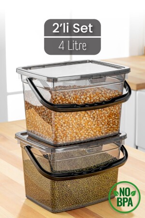 Mega Size 2 Piece Square Flour and Legumes Container 4 Liter - Detergent Storage Box Container with Handle Anthracite - Vienev