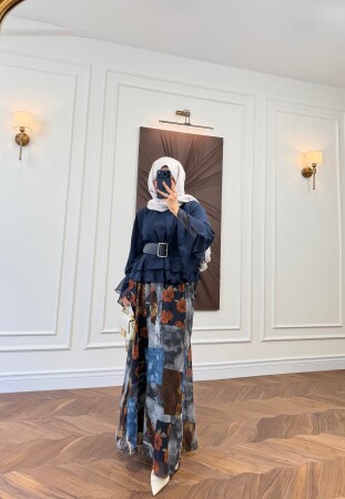 Melotti Patterned Skirt Set - Navy Blue - Duendeca