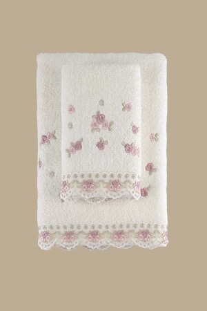 Meltem Embroidered 2-Piece Towel Set Cream-Dried Rose 30x50 50x80 8682495714024 - Arliva Home
