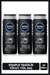 MEN Erkek Duş Jeli Active Clean500mlx3adet, Vücut ,Yüz ve Saç Bakımı SET.NVE.848 - NIVEA