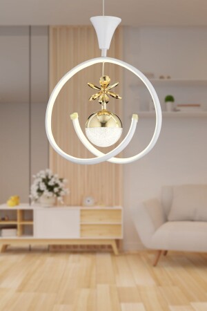 Mengü Single White Gold 3 Color 30 Watt LED Modern Living Room, Hallway, Hall Led Chandelier 4001-01-WH-GL - Apliqa