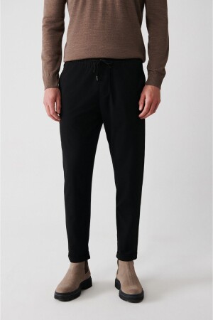 Men's Black Side Pocket Elastic Waist Lace Up Double Leg Relaxed Fit Comfortable Cut Jogger Pants E - Avva