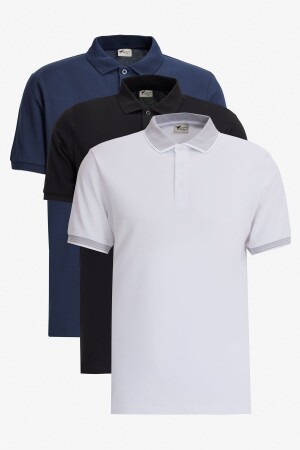 Men's Black-White-Navy Blue 3-Piece Shrink-Resistant Cotton Slim Fit Narrow Cut Polo Collar T-Shirt - Ac&Co / Altınyıldız Classics