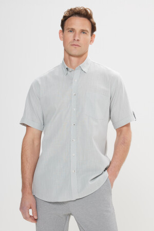 Men's Gray Comfort Fit Relaxed Cut Button Collar Linen Look 100% Cotton Flared Short Sleeve Shirt 4A2022200132 - AC&Co / Altınyıldız Classics