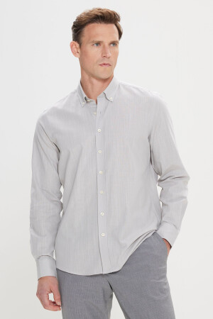 Men's Gray Tailored Slim Fit Narrow Cut Button Collar Linen Look 100% Cotton Flared Shirt 4A2021200056 - AC&Co / Altınyıldız Classics