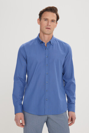 Men's Indigo Tailored Slim Fit Button Collar Linen Look 100% Cotton Flared Shirt 4A2021200056 - AC&Co / Altınyıldız Classics