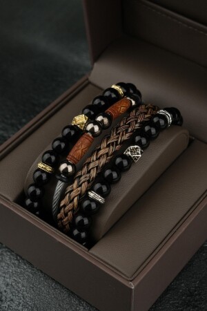 Men's Leather and Natural Stone Combination Bracelet Set 3 Pieces - Jackferrero