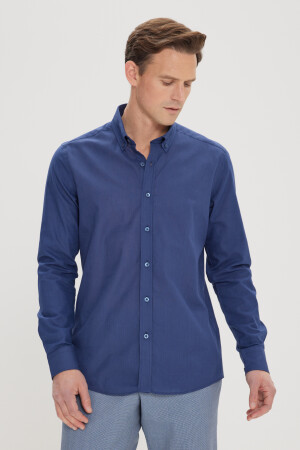 Men's Navy Blue Tailored Slim Fit Button Collar Linen Look 100% Cotton Flared Shirt 4A2021200056 - AC&Co / Altınyıldız Classics