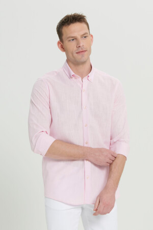 Men's Pink Tailored Slim Fit Narrow Cut Button Collar Linen Look 100% Cotton Flared Shirt 4A2021200056 - AC&Co / Altınyıldız Classics