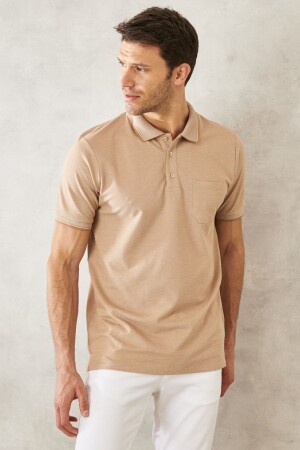 Men's Shrink-Resistant Cotton Fabric Regular Fit Comfortable Cut Beige-white Non-Roll Polo Collar T-Shirt with Pockets - Ac&Co / Altınyıldız Classics