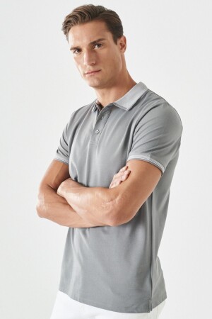 Men's Shrink-Resistant Cotton Fabric Slim Fit Narrow Cut Gray Non-Roll Polo Collar T-shirt - Ac&Co / Altınyıldız Classics