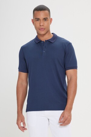Men's Shrink-Resistant Cotton Fabric Slim Fit Narrow Cut Navy Blue Roll-Free Polo Collar T-Shirt - Ac&Co / Altınyıldız Classics