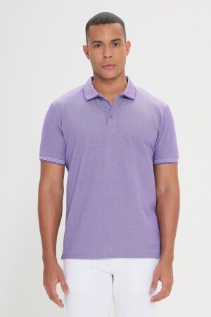 Men's Shrink-Resistant Cotton Fabric Slim Fit Narrow Cut Purple-White Non-Roll Polo Collar T-Shirt - Ac&Co / Altınyıldız Classics
