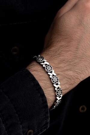 Men's Silver Bracelet - Round Model Silver Bracelet with Rudder Motif - Osmanli Gümüş
