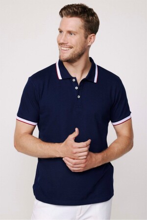 Men's Slim Fit Narrow Cut 100% Cotton Plain Pique Sleeve Striped Navy Blue Polo Collar T-Shirt - Tudors