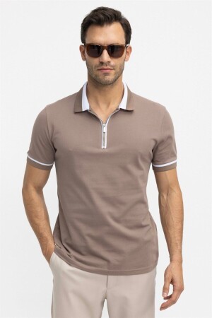 Men's Slim Fit Narrow Cut 100% Cotton Plain Pique Zippered Mink Polo Collar T-Shirt - Tudors