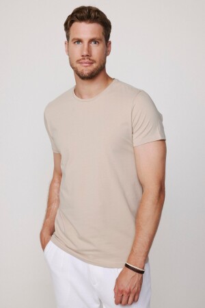 Men's Slim Fit Narrow Cut Cotton Soft Textured Lycra Flexible Fabric Plain Basic Stone Color Crew Neck - Tudors