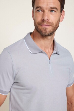 Men's Slim Fit Narrow Cut Cotton Zippered Gray Polo Neck T-Shirt - Tudors