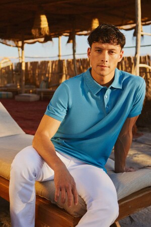 Men's Turquoise 100% Cotton Roll Collar Slim Fit Narrow Cut Polo Neck Short Sleeve T-Shirt - Altınyıldız Classics
