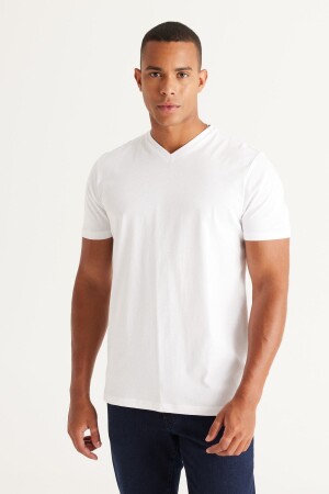 Men's White 100% Cotton Slim Fit Narrow Cut V-Neck T-Shirt - Ac&Co / Altınyıldız Classics