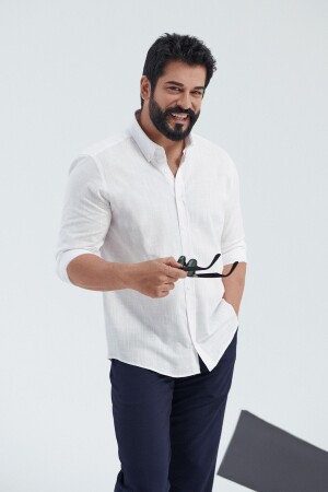 Men's White Tailored Slim Fit Narrow Cut Button Collar Linen Look 100% Cotton Flared Shirt - Ac&Co / Altınyıldız Classics