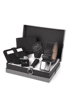 Men's Wristwatch Metal Cord Belt Wallet Card Holder Keychain Lighter Set Combination Black Set PL-0676E - polo air