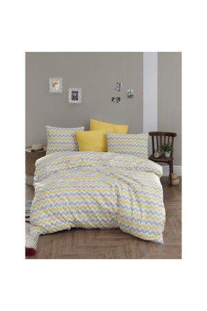 Mer-tim Double Elasticless Duvet Cover Set Cotton Ranforce 200x220 - Yellow Zigzag Patterned MERTM000592 - mer-tim ezberbozan ev tekstili