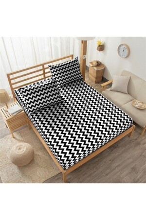 Mer-tim Spannbettlaken-Set für Doppelbett, Größe 200 x 200 – schwarz-weißes Zickzackmuster MERTM000610 - mer-tim ezberbozan ev tekstili