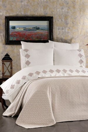 Meriç 7 Piece Cotton Bedspread Double Duvet Cover Set Beige (WITH SURPRISE GIFT) LVNHMNEV1MERIC - Luvana Home