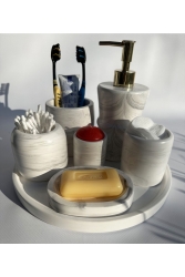 Mermer Desenli Çoklu Banyo Seti Sıvı Sabunluk,kulak Çubukluk,diş Fırçalık,pamukluk,katı Sabunluk BS016 - MRY DEKOR